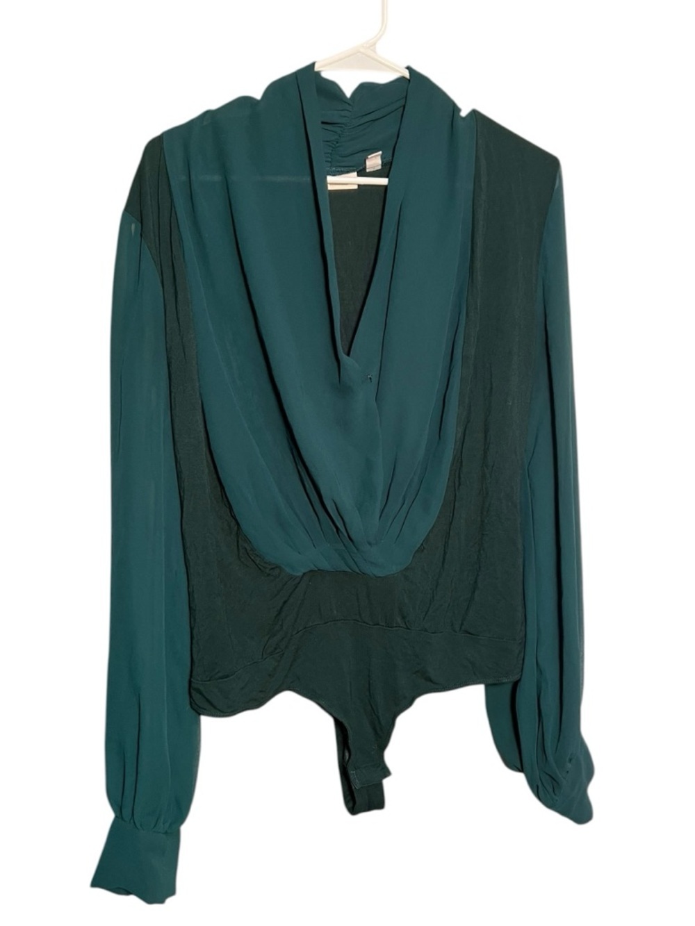 Eva Mendes for New York & Co Women's Sz Large Bodysuit Dark Green Chiffon V-Neck
